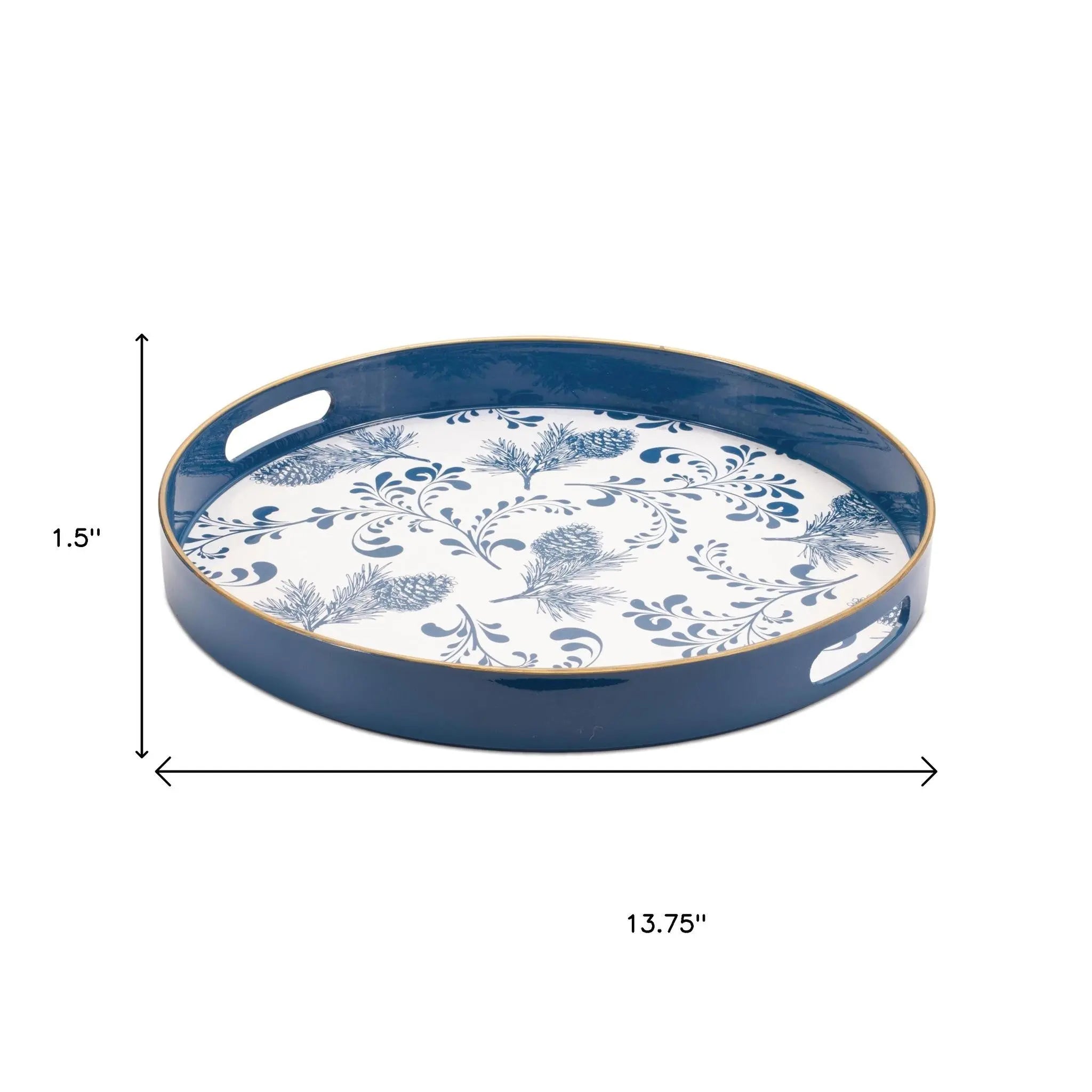 14" Blue White And Gold Pinecone Round Serving Tray Homeroots Kitchen & Dining