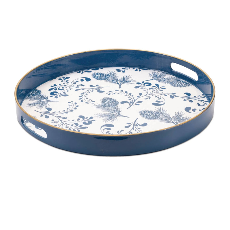 14" Blue White And Gold Pinecone Round Serving Tray Homeroots Kitchen & Dining