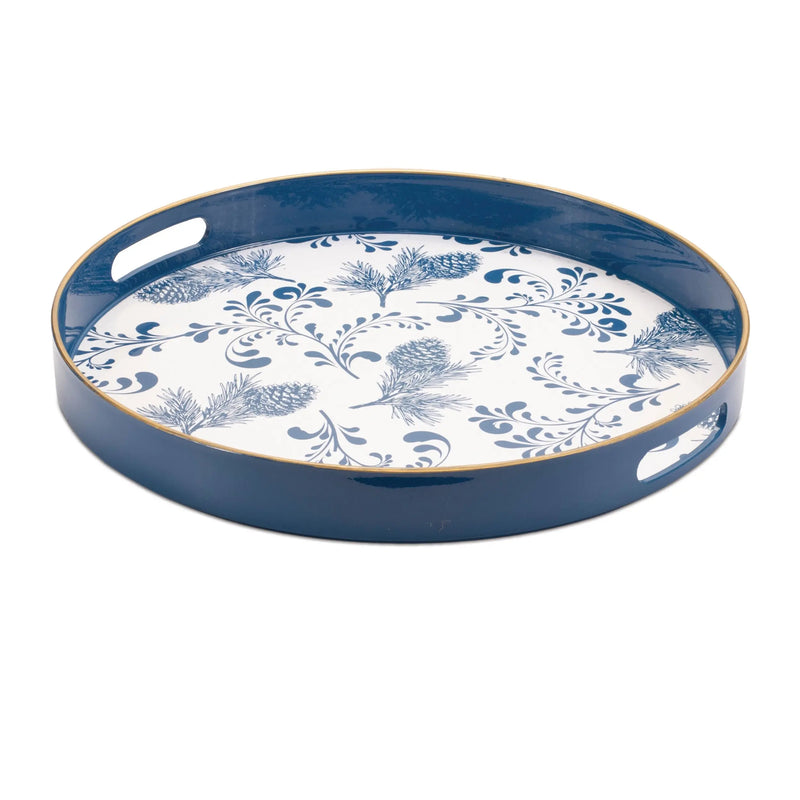 14" Blue White And Gold Pinecone Round Serving Tray Homeroots Kitchen & Dining