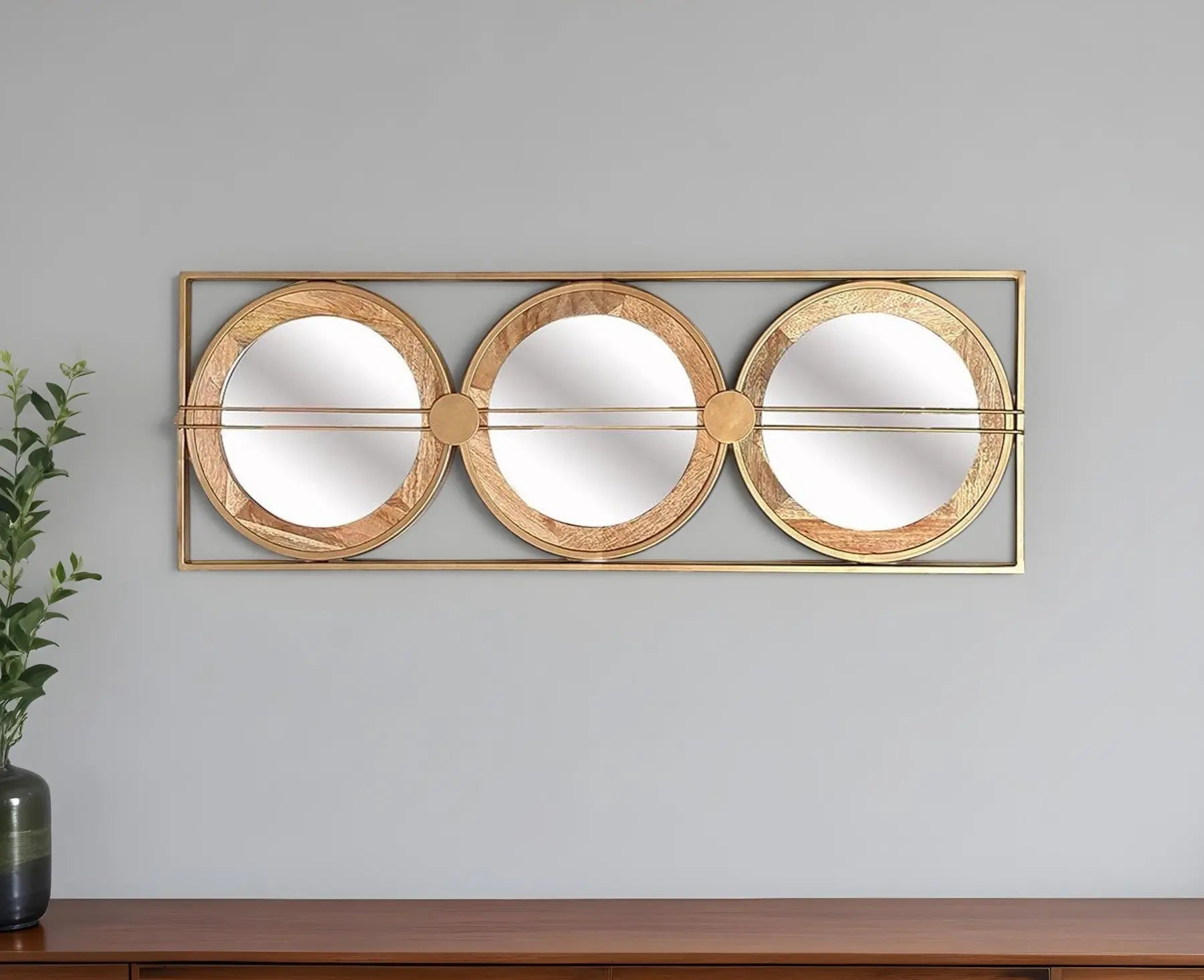 14" Brown and Gold Aluminum and Wood Geometric Framed Accent Mirror Homeroots Bed & Bath