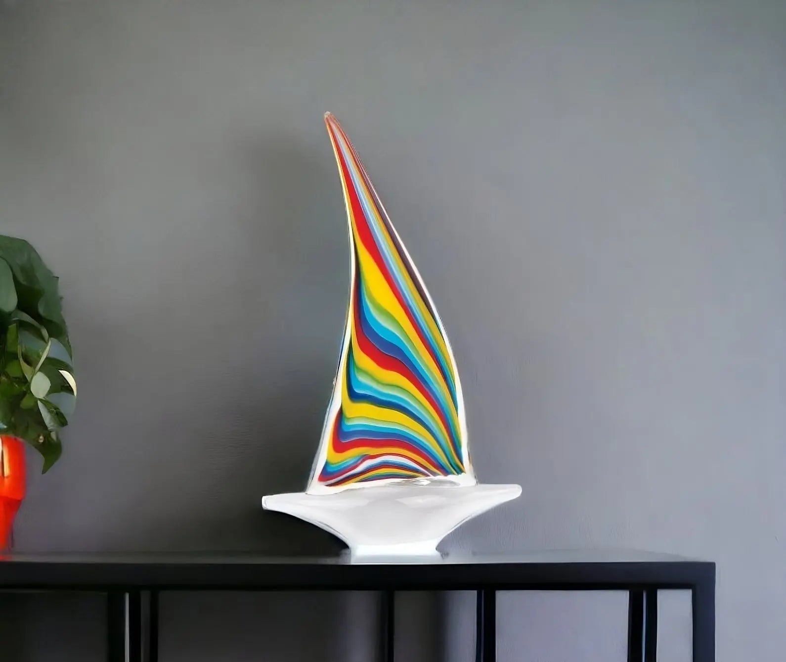 14" Clear Red Blue Yellow Murano Glass Sailboat Tabletop Sculpture Homeroots Home Decor