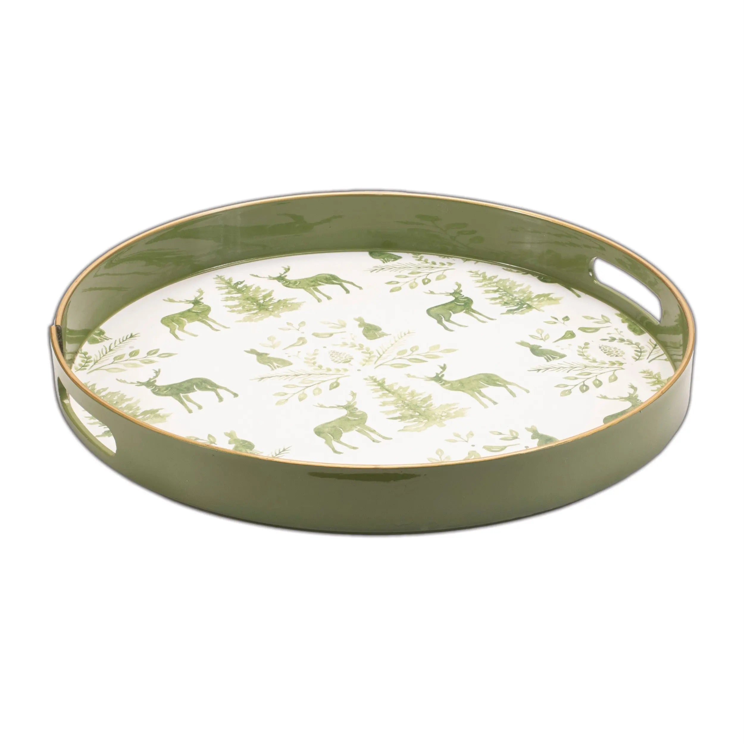 14" Green White And Gold Woodland Scene Round Serving Tray With Handles - GreatEagleInc