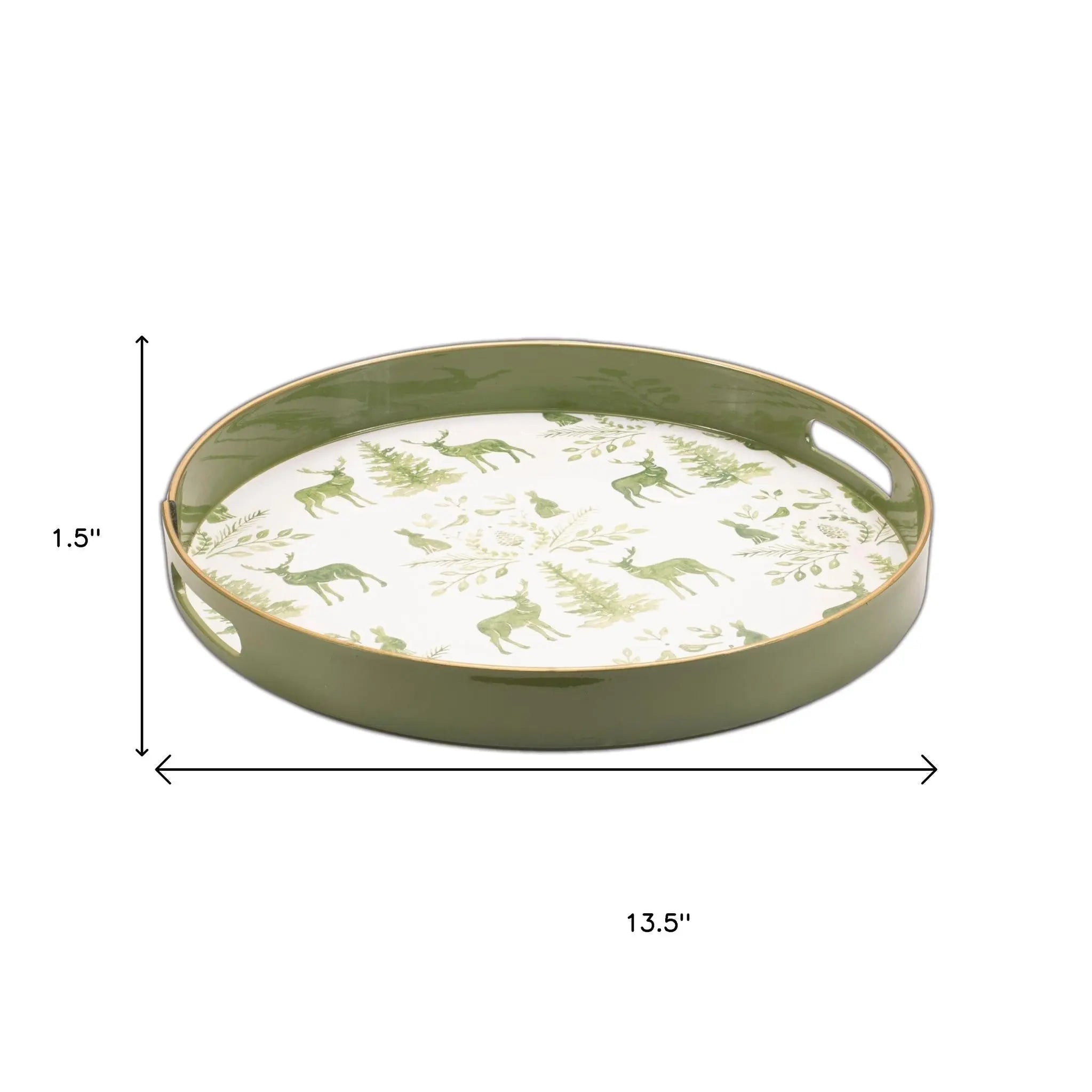 14" Green White And Gold Woodland Scene Round Serving Tray With Handles - GreatEagleInc