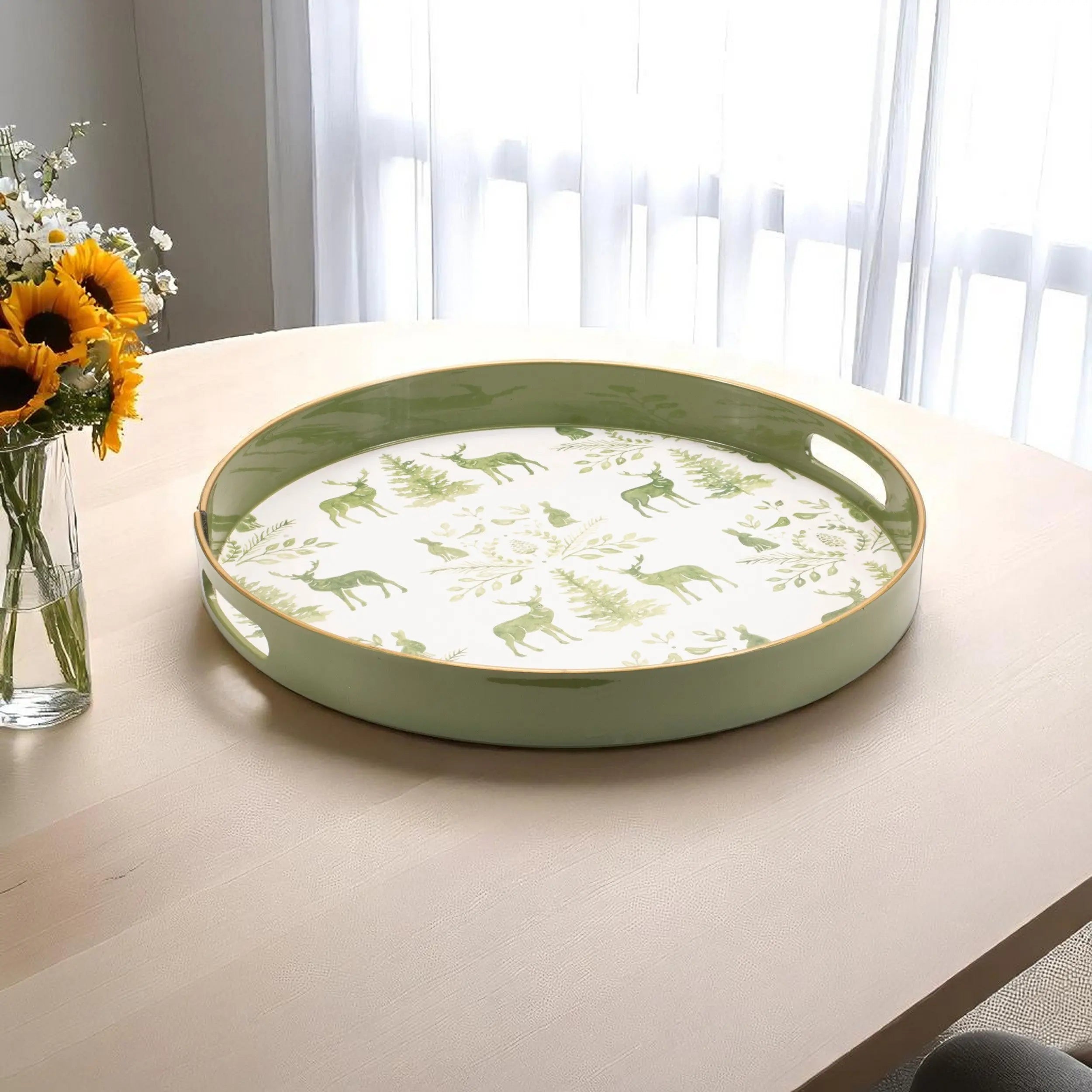14" Green White And Gold Woodland Scene Round Serving Tray With Handles - GreatEagleInc