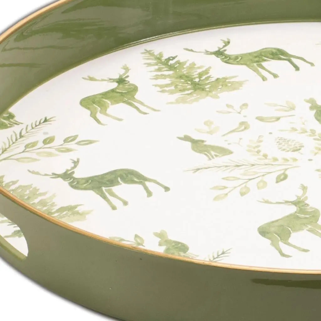 14" Green White And Gold Woodland Scene Round Serving Tray With Handles - GreatEagleInc