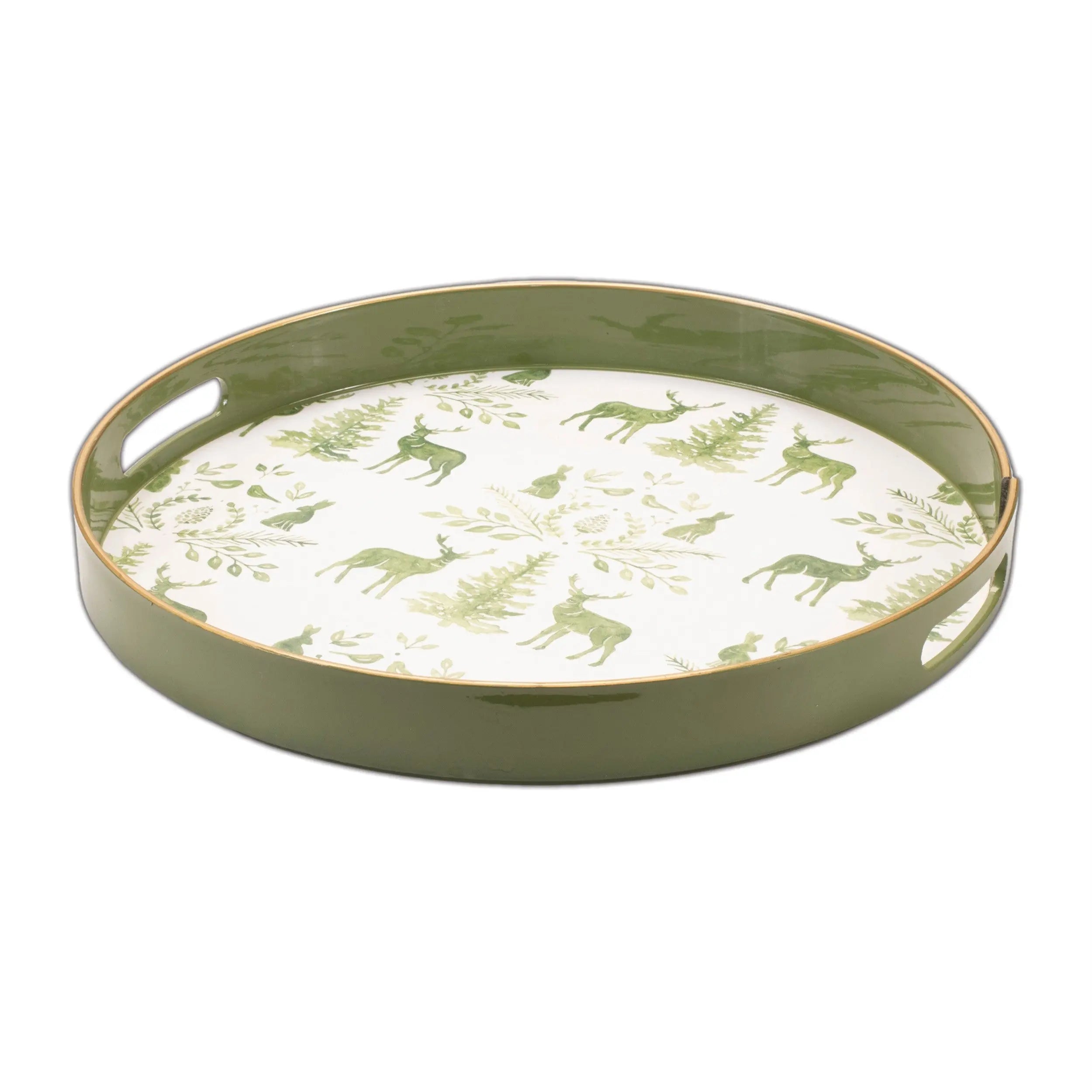 14" Green White And Gold Woodland Scene Round Serving Tray With Handles - GreatEagleInc