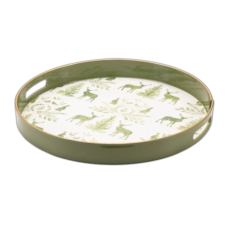 14" Green White And Gold Woodland Scene Round Serving Tray With Handles - GreatEagleInc