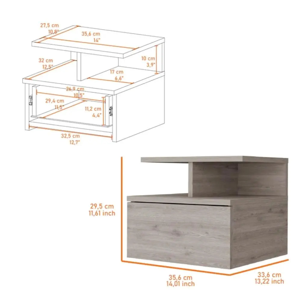 14" Light Gray Wood One Drawer Floating Nightstand Homeroots