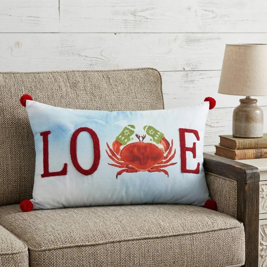 14" X 22" Blue White And Red Crab Love Throw Pillow with Embroidery Homeroots Home Decor