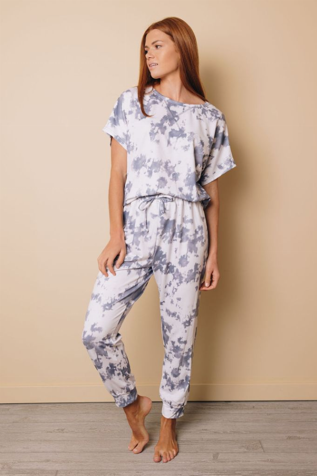 Sadie Tie-dyed Short Sleeve Top and Elastic Waist Pants Set Stay Warm in Style