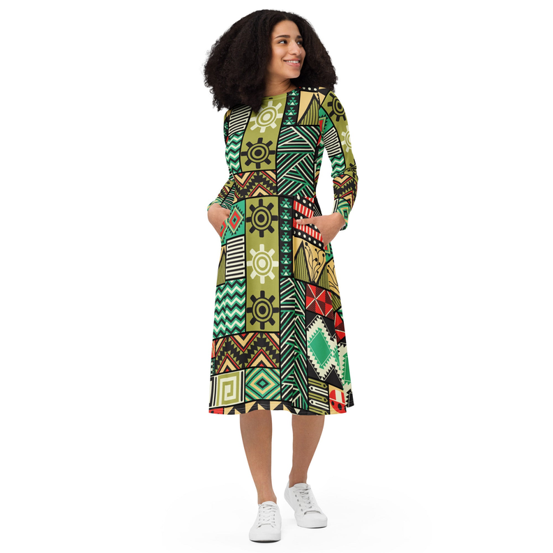 Green Yellow African Print Long Sleeve Midi Dress Adirelounge