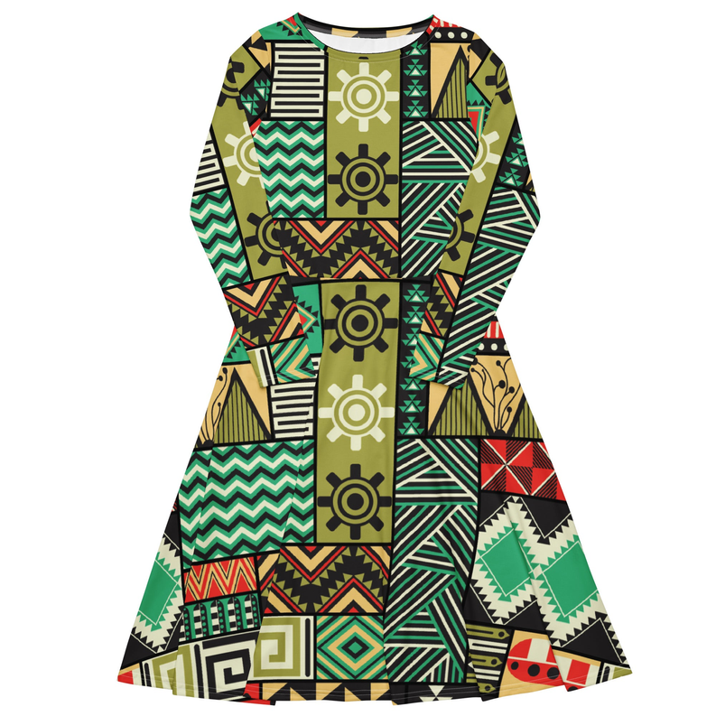 Green Yellow African Print Long Sleeve Midi Dress Adirelounge