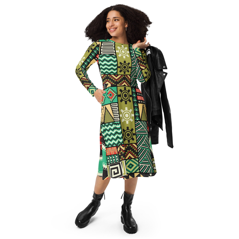 Green Yellow African Print Long Sleeve Midi Dress Adirelounge