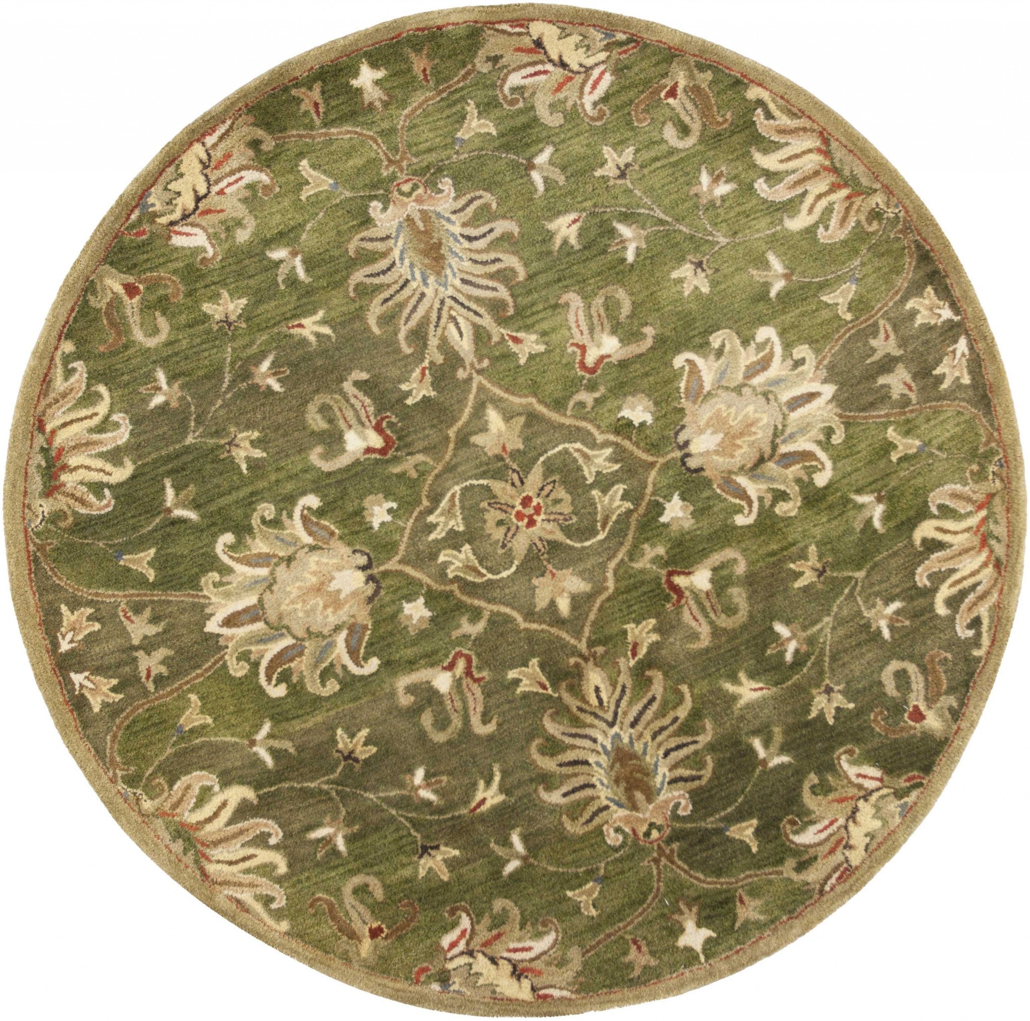5' Green Red And Ivory New Zealand Lambs Wool Floral Medallion Hand Tufted Round Rug - GreatEagleInc