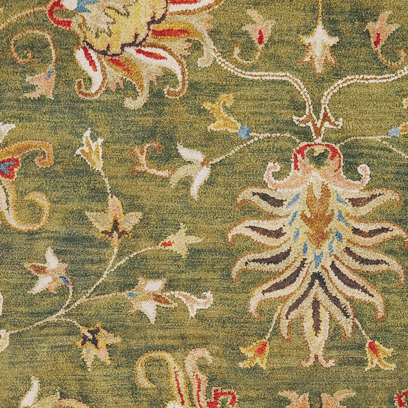 5' Green Red And Ivory New Zealand Lambs Wool Floral Medallion Hand Tufted Round Rug - GreatEagleInc