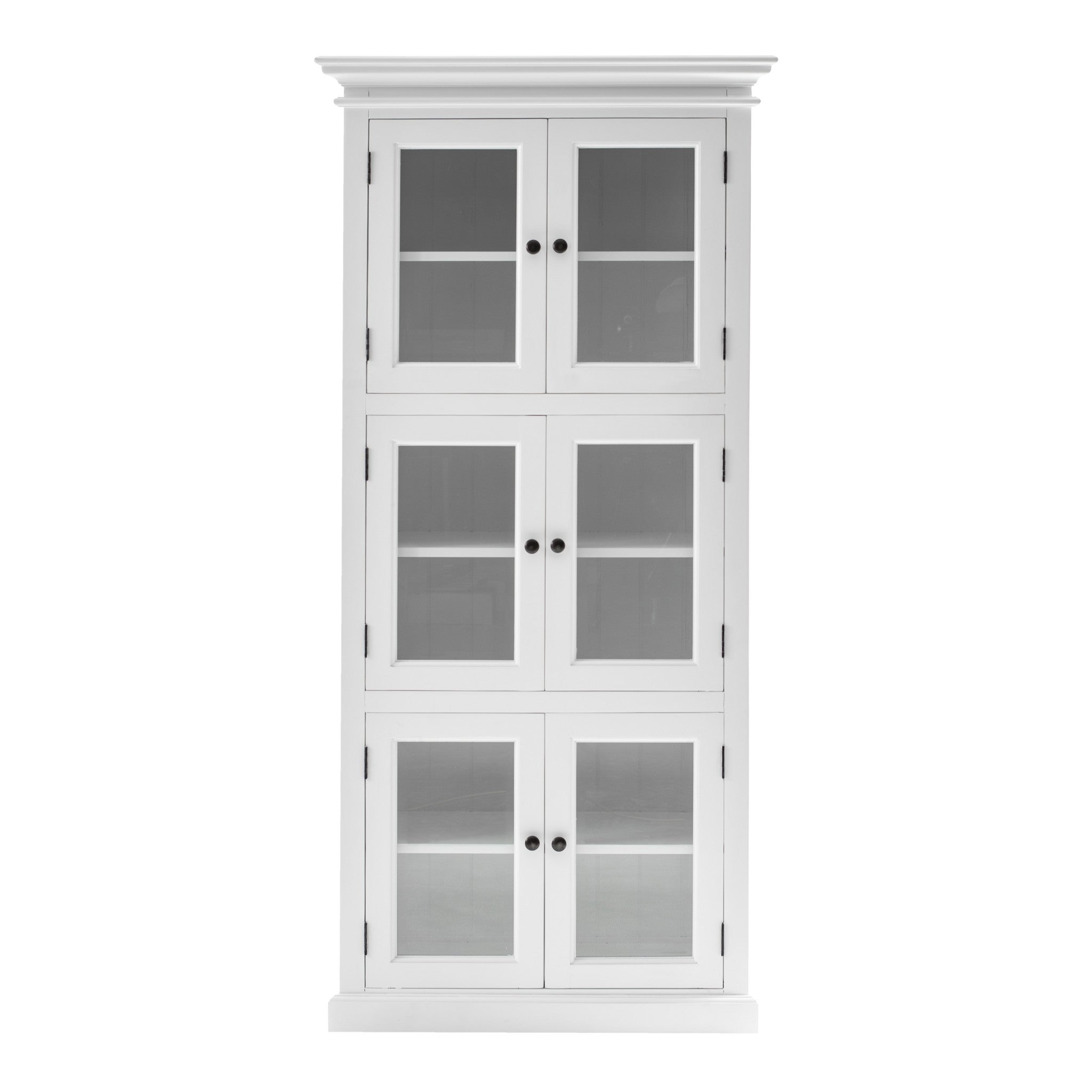White wooden cabinet with glass doors, four sections, modern farmhouse style, perfect for storage and display.