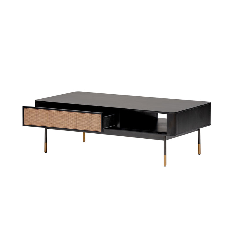 47" Black and Brown Solid Wood And Steel Coffee Table With Drawer And Shelf - GreatEagleInc