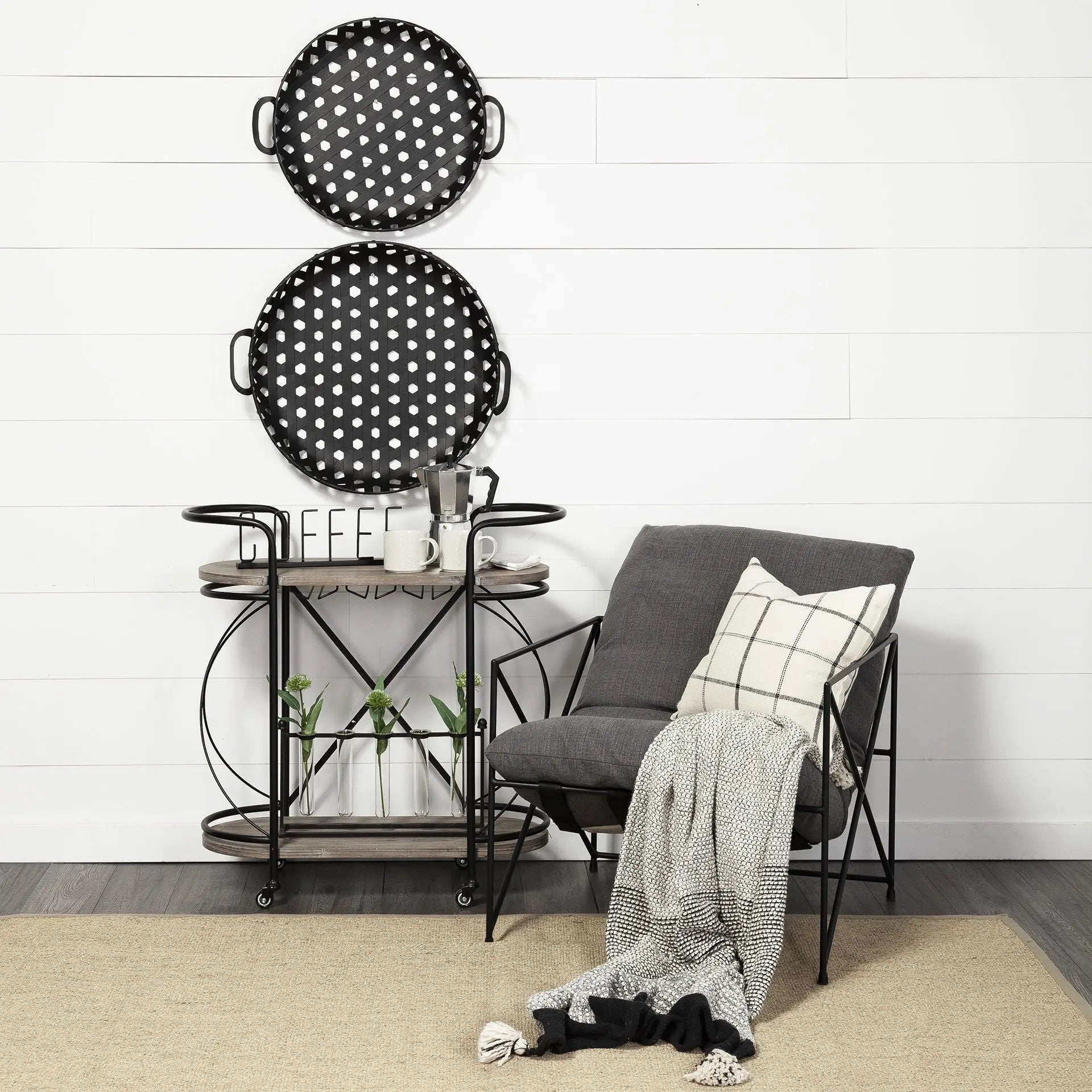 15" Black Solid Wood and Steel Round Rolling Kitchen Cart With Storage Homeroots Kitchen & Dining