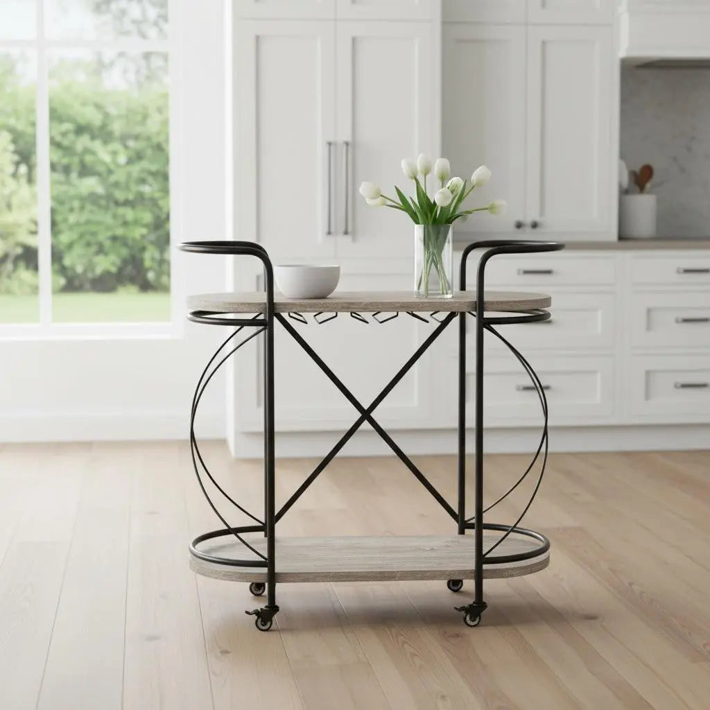 15" Black Solid Wood and Steel Round Rolling Kitchen Cart With Storage Homeroots Kitchen & Dining