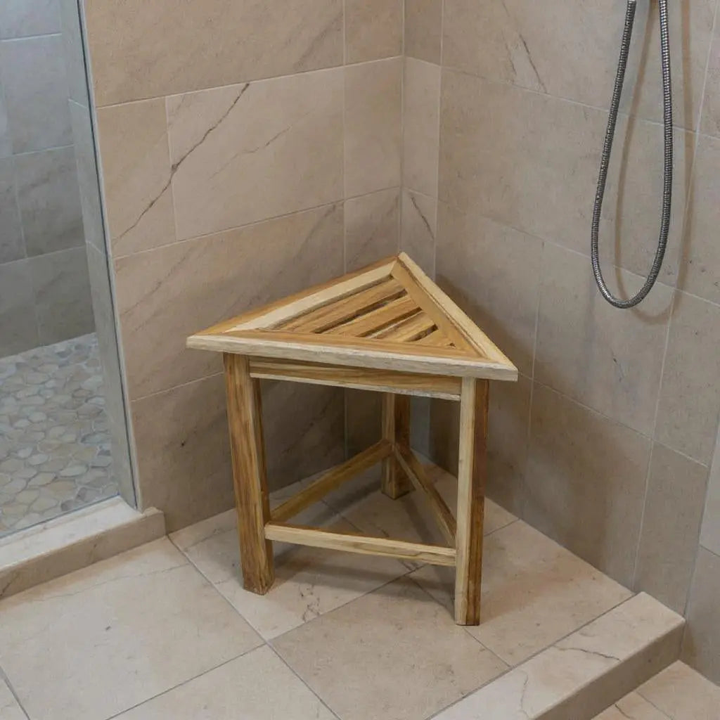 15" Brown Teak Corner Shower Bench Homeroots Bed & Bath