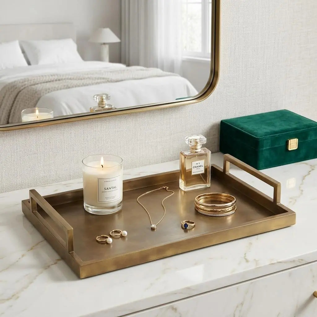 15" Gold Aluminum Hand Finished Vanity Tray With Handles Homeroots Kitchen & Dining