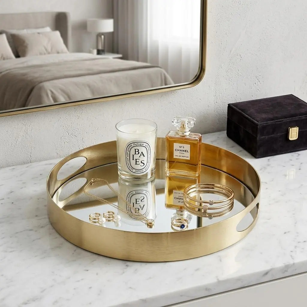 15" Gold And Mirrored Glass Round Metal Tray With Handles Homeroots Kitchen & Dining