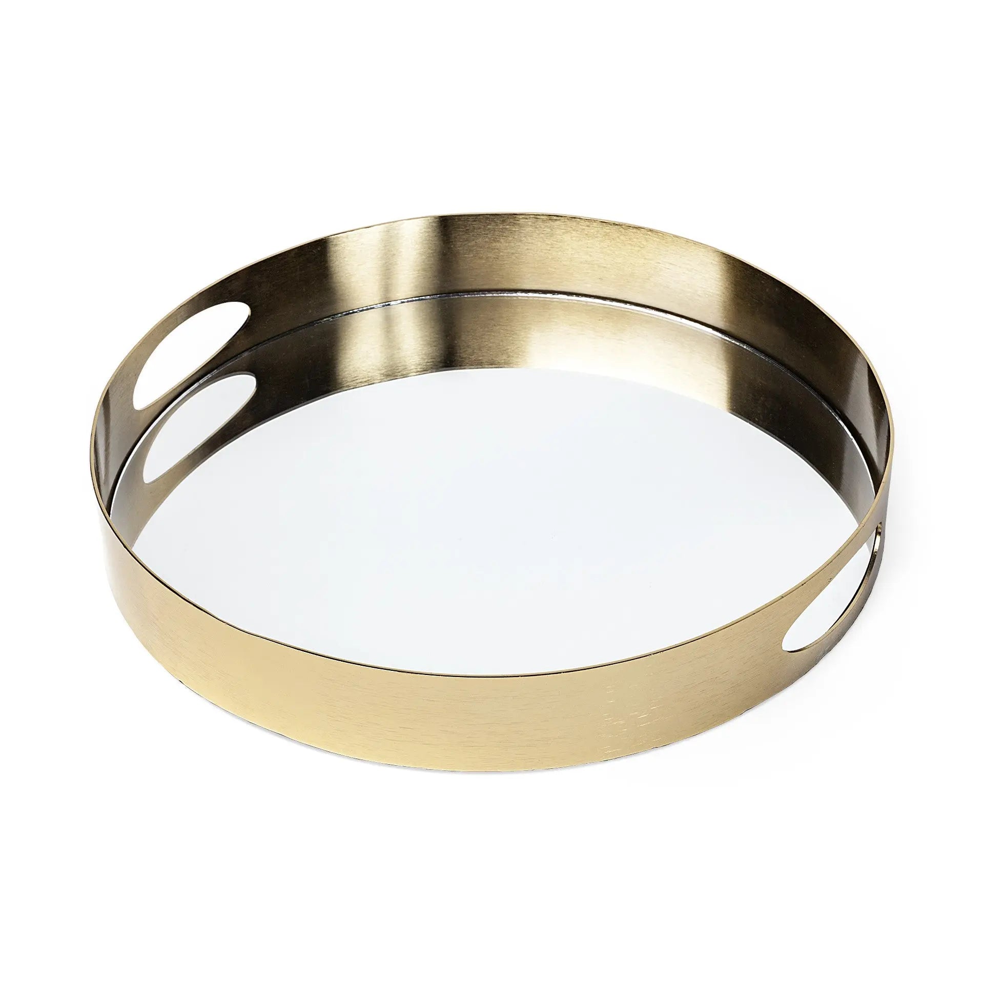 15" Gold And Mirrored Glass Round Metal Tray With Handles Homeroots Kitchen & Dining