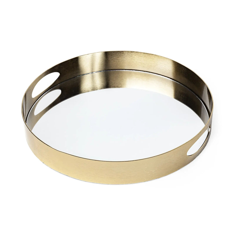 15" Gold And Mirrored Glass Round Metal Tray With Handles Homeroots Kitchen & Dining