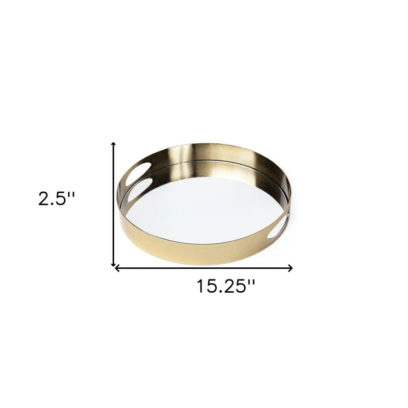 15" Gold And Mirrored Glass Round Metal Tray With Handles Homeroots Kitchen & Dining