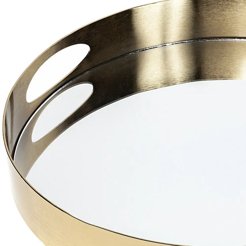 15" Gold And Mirrored Glass Round Metal Tray With Handles Homeroots Kitchen & Dining