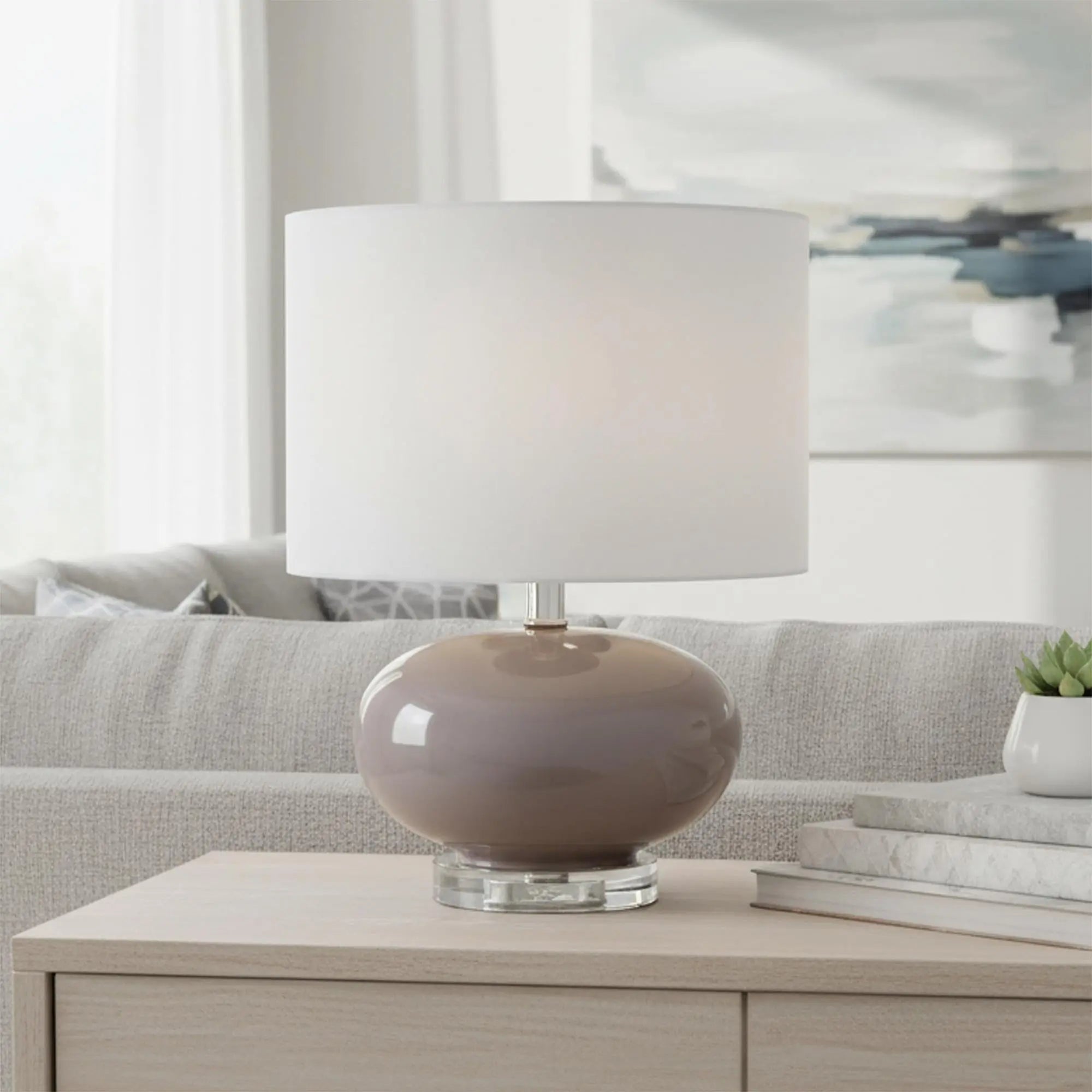 15" Gray Taupe Glass Round Table Lamp With Drum Shade Homeroots Lighting