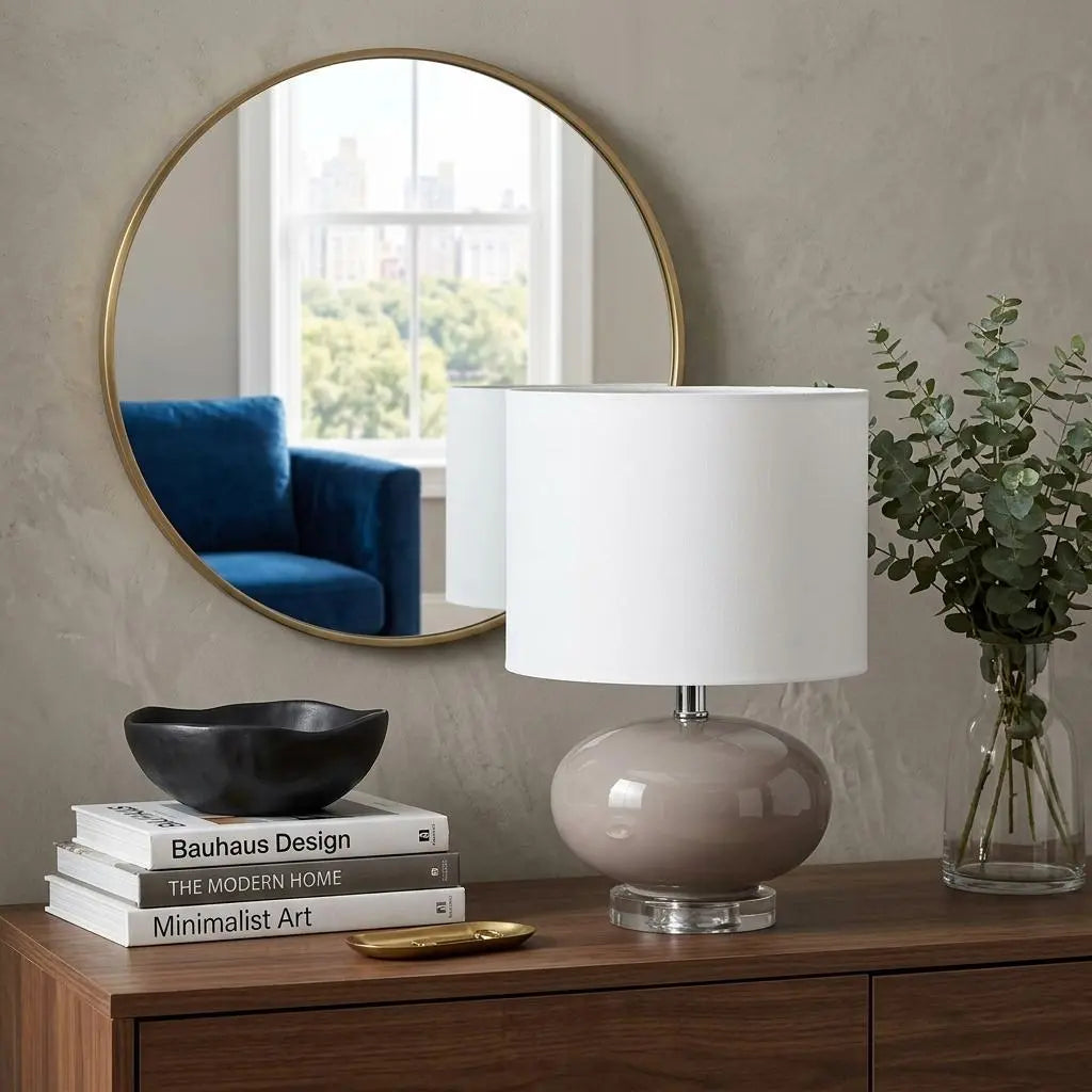 15" Gray Taupe Glass Round Table Lamp With Drum Shade Homeroots Lighting