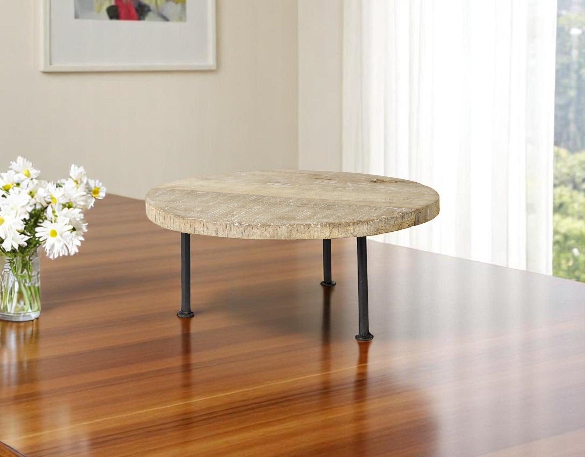 15" Light Brown And Black Round Solid Wood Handmade Riser Tray - GreatEagleInc