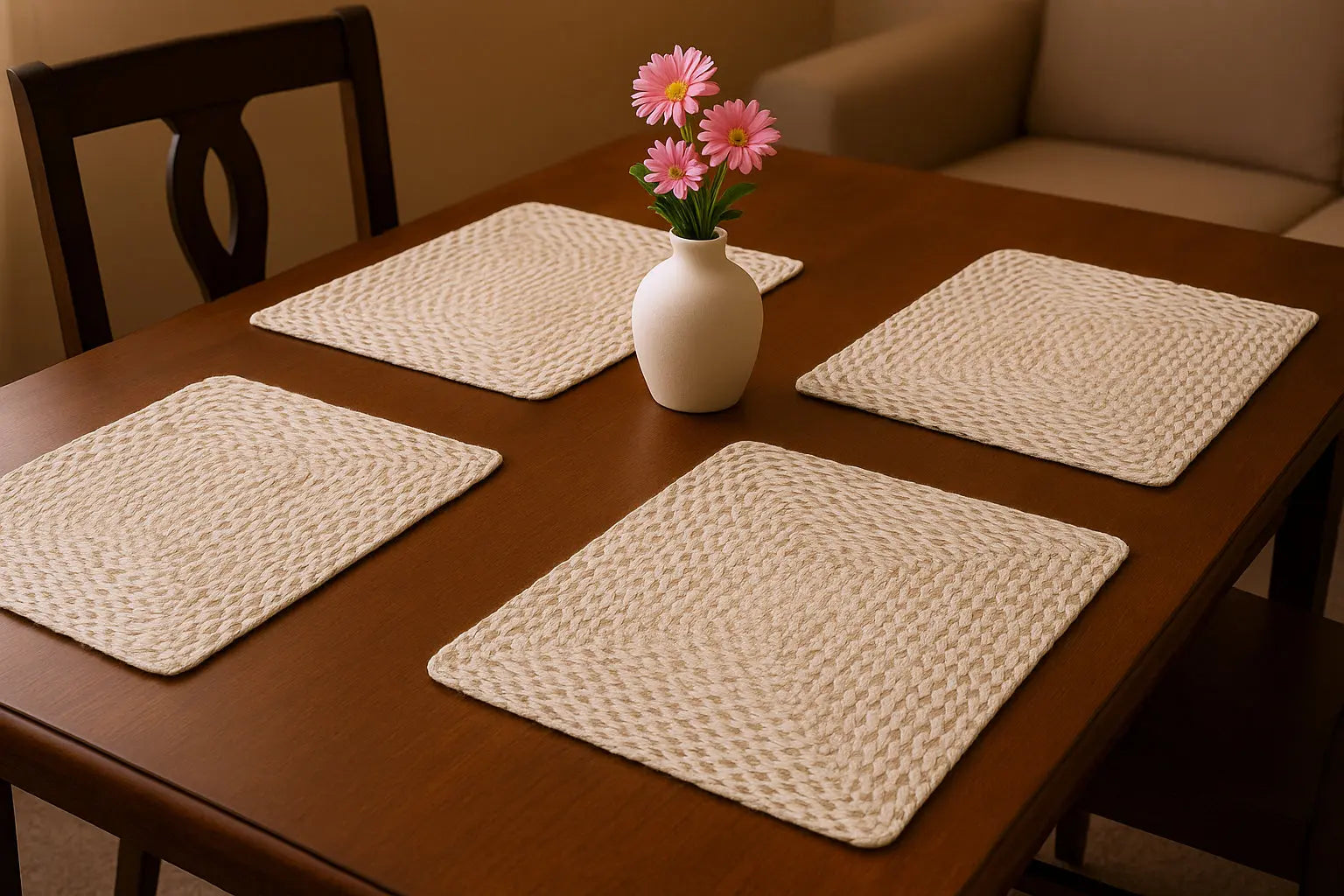 15" Set of Four Ivory And Natural Jute Square Placemats Homeroots Kitchen & Dining