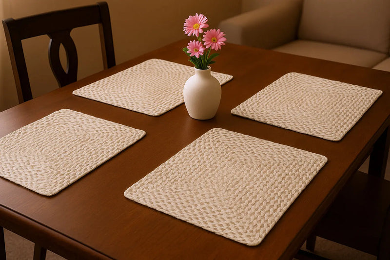 15" Set of Four Ivory And Natural Jute Square Placemats Homeroots Kitchen & Dining