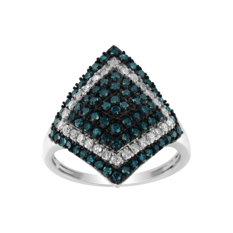 .925 Sterling Silver 1 cttw White and Treated Blue Diamond Rhombus Cocktail Ring (Blue, I3) Luxcom