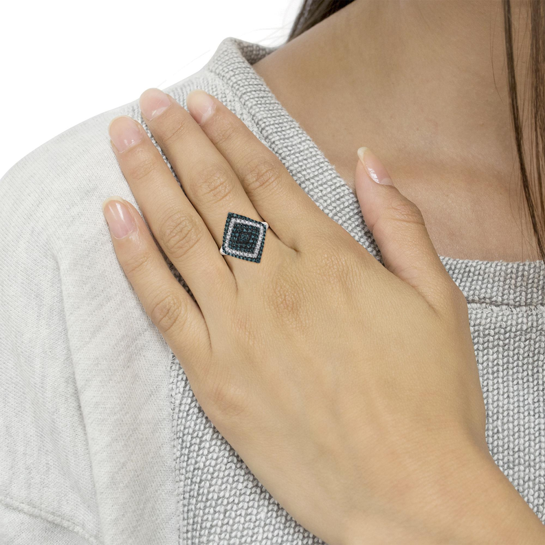 .925 Sterling Silver 1 cttw White and Treated Blue Diamond Rhombus Cocktail Ring (Blue, I3) Luxcom