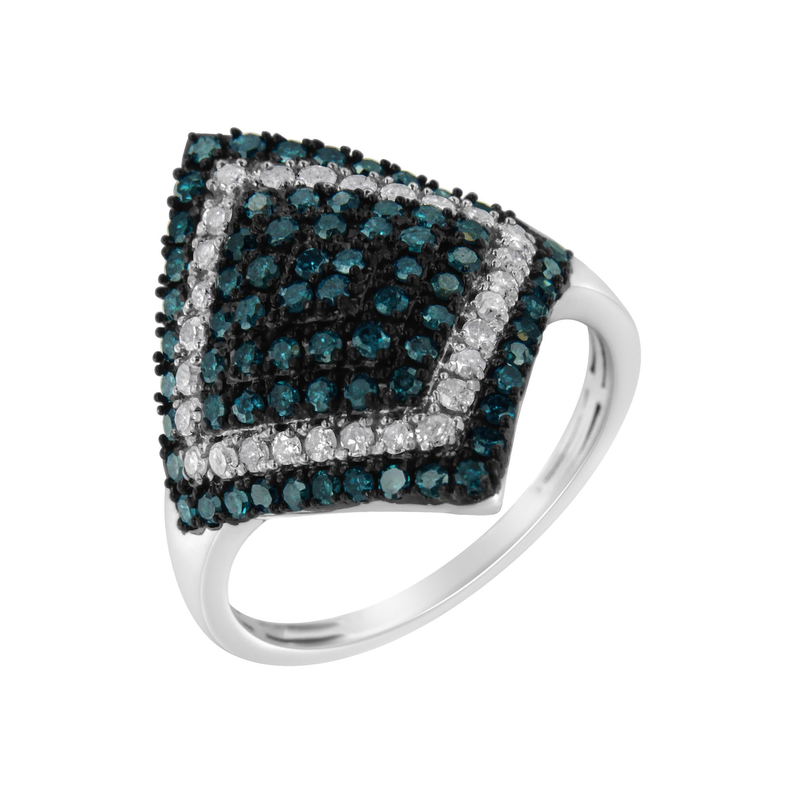 .925 Sterling Silver 1 cttw White and Treated Blue Diamond Rhombus Cocktail Ring (Blue, I3) Luxcom