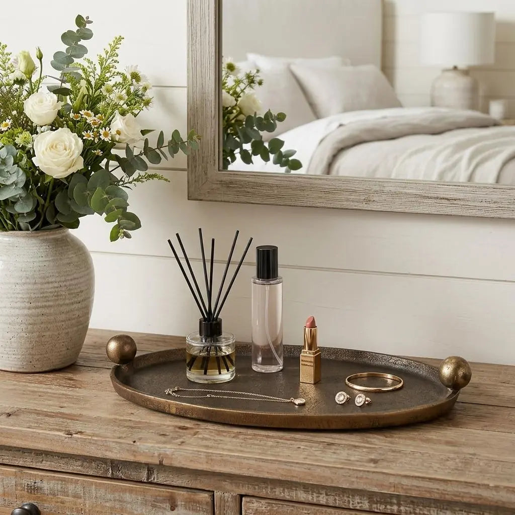 16" Antiqued Gold Aluminum Handmade Oval Vanity Tray With Handles Homeroots Kitchen & Dining