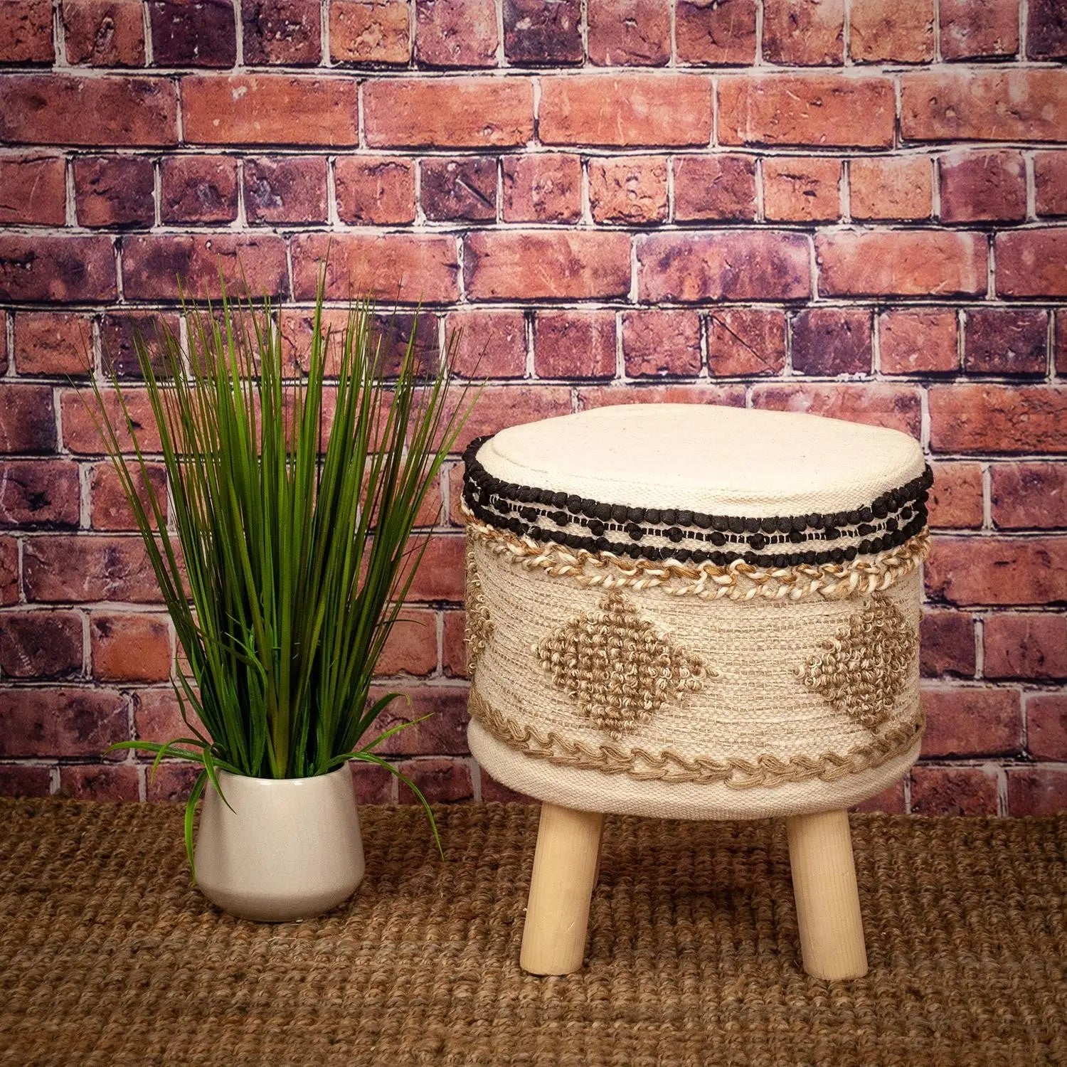 16" Beige Jute And Brown Round Abstract Ottoman Homeroots Living Room
