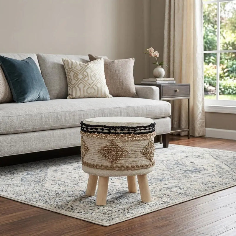 16" Beige Jute And Brown Round Abstract Ottoman Homeroots Living Room