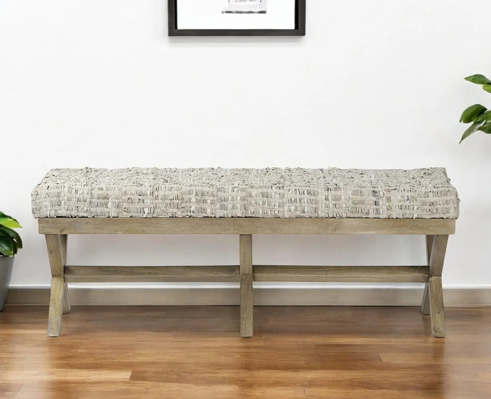 16" Beige and Brown Upholstered Faux Leather Bench Homeroots Living Room