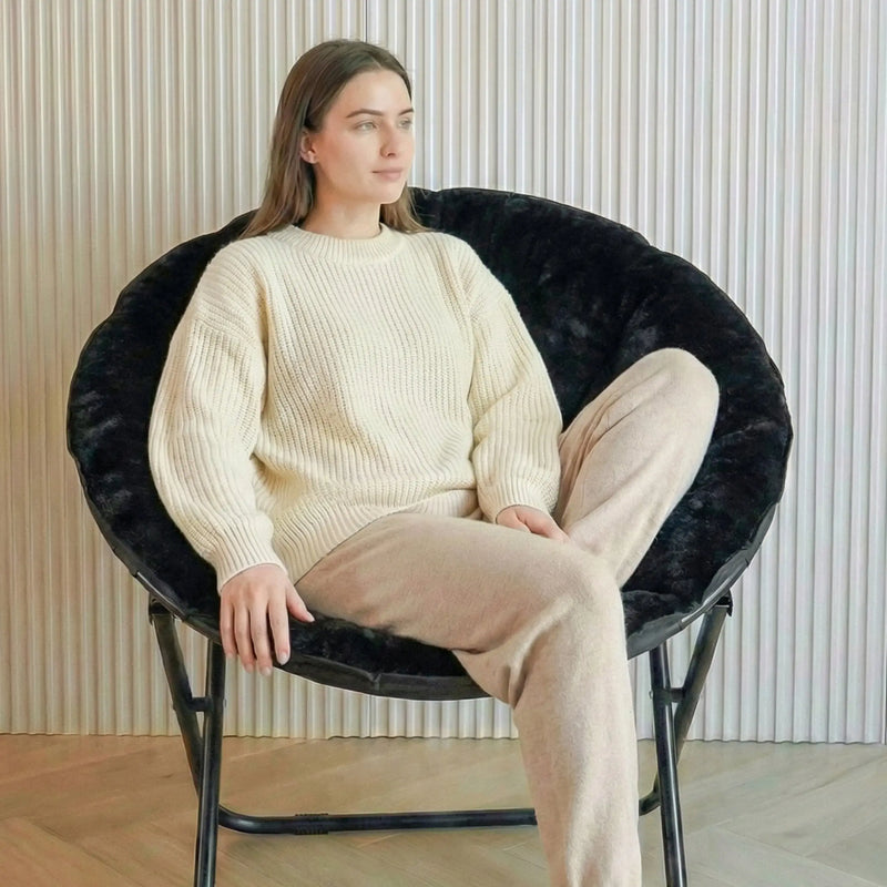 16" Black Tufted Faux Fur and Metal Folding Lounge Chair Homeroots Living Room