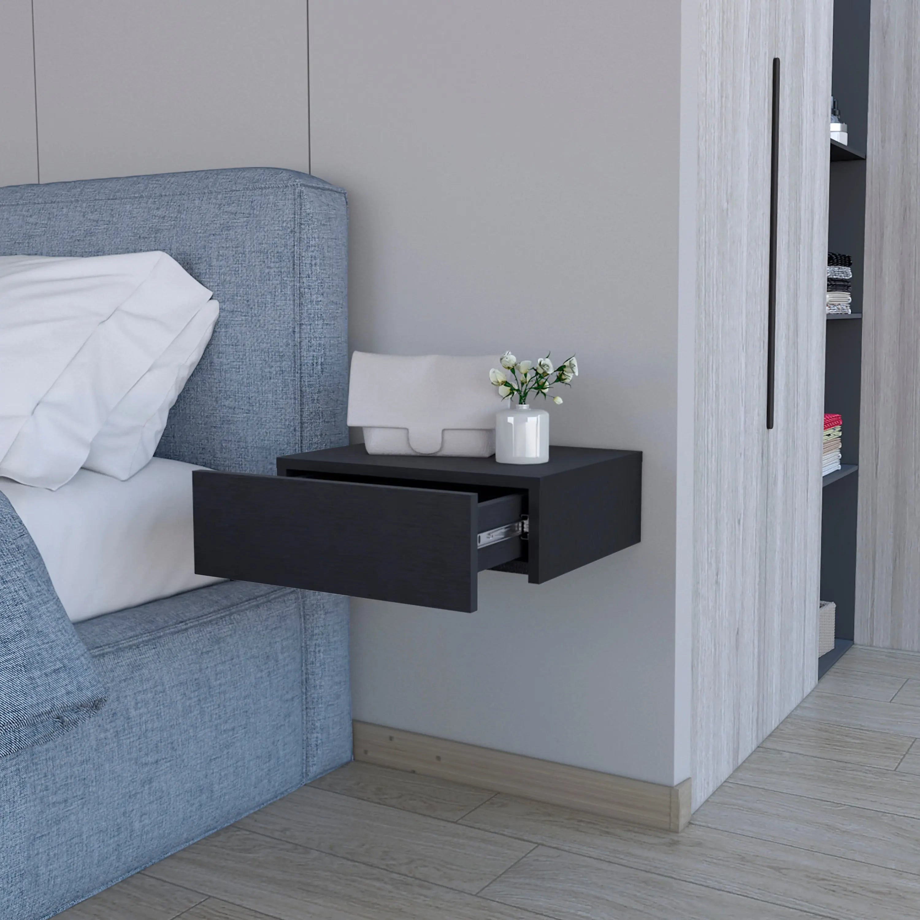 16" Black Wood One Drawer Floating Nightstand Homeroots Bed & Bath
