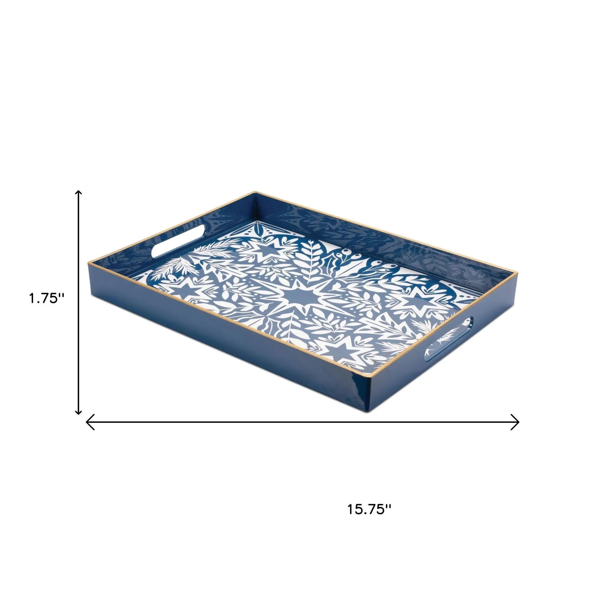 16" Blue And White Geometric Star And Trees Serving Tray With Handles - GreatEagleInc
