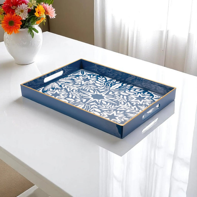 16" Blue And White Geometric Star And Trees Serving Tray With Handles - GreatEagleInc