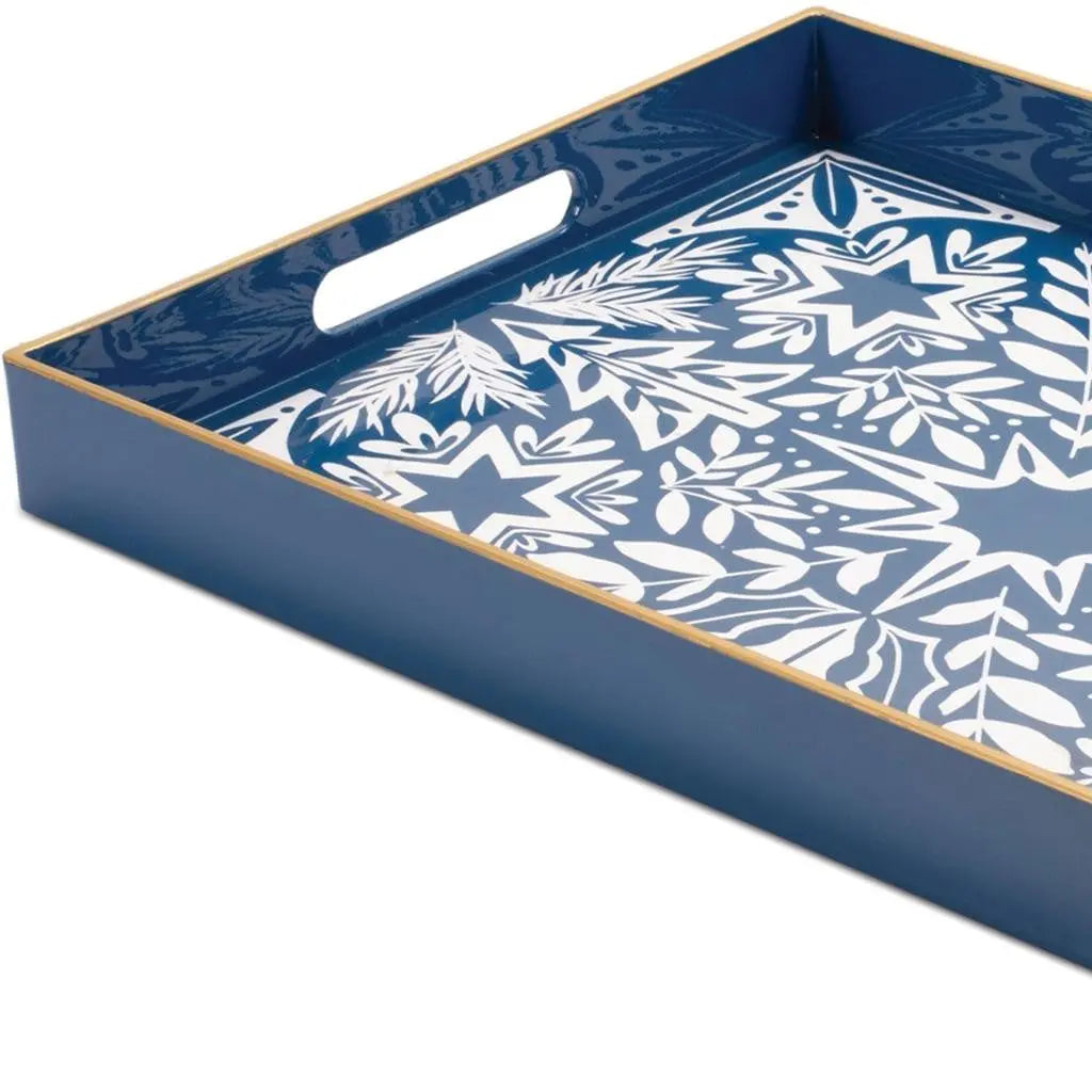 16" Blue And White Geometric Star And Trees Serving Tray With Handles - GreatEagleInc