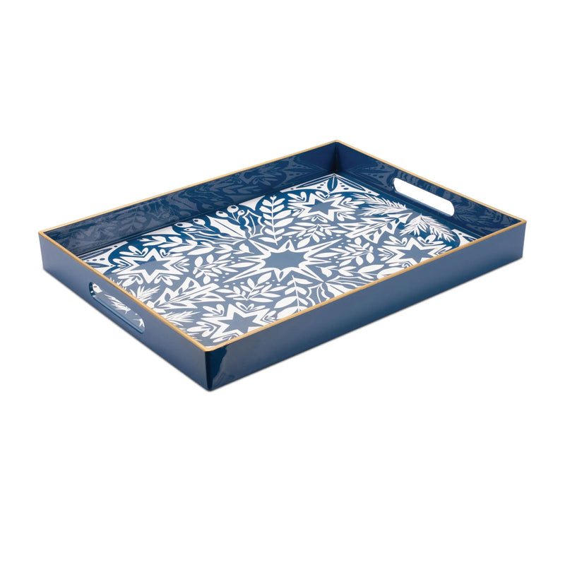 16" Blue And White Geometric Star And Trees Serving Tray With Handles - GreatEagleInc