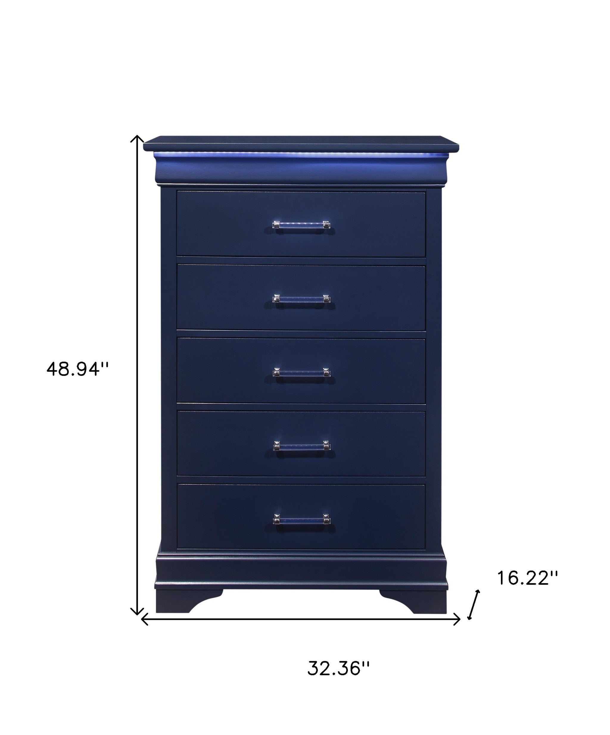 16" Blue Solid Wood Five Drawer Chest With LED Lighting - GreatEagleInc
