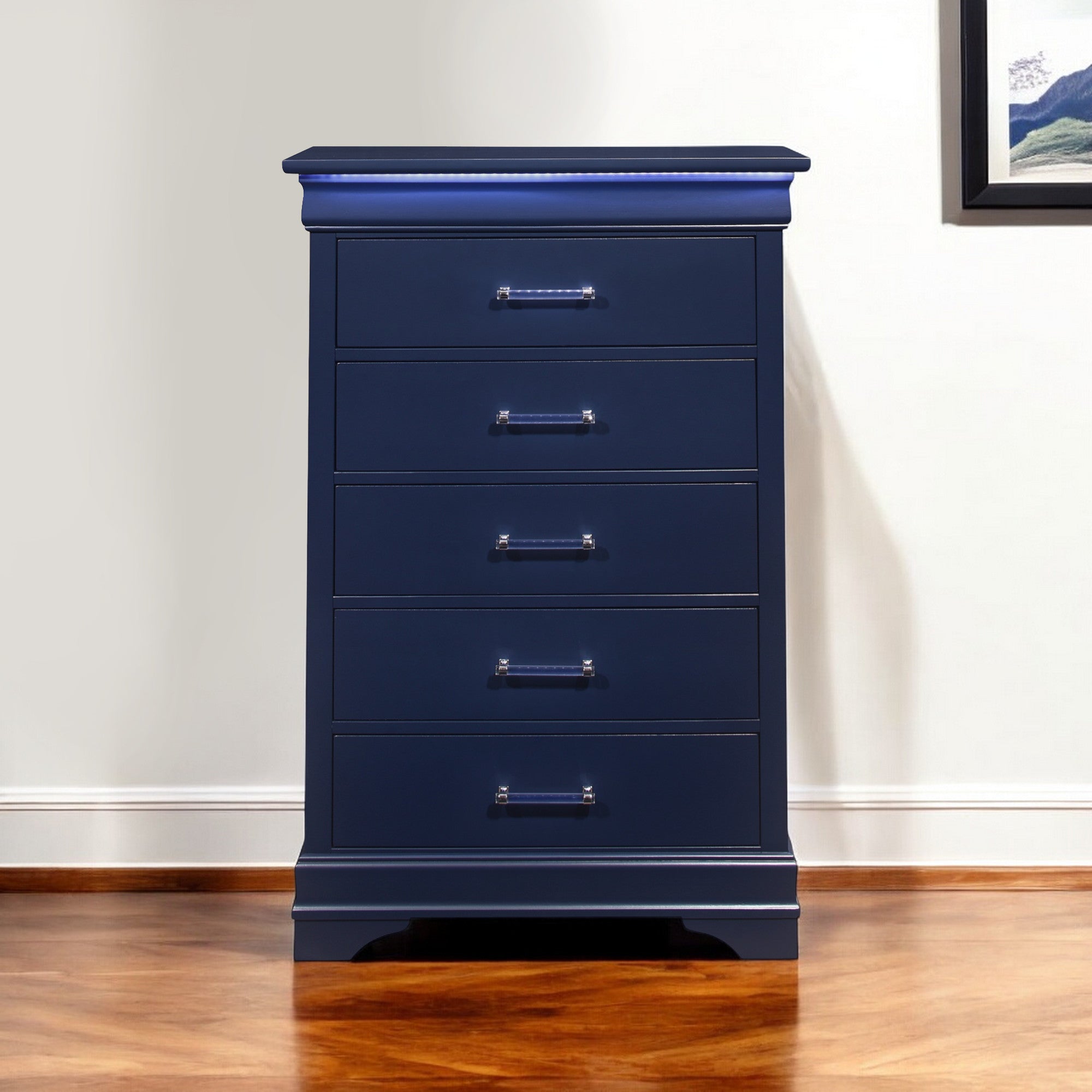 16" Blue Solid Wood Five Drawer Chest With LED Lighting - GreatEagleInc